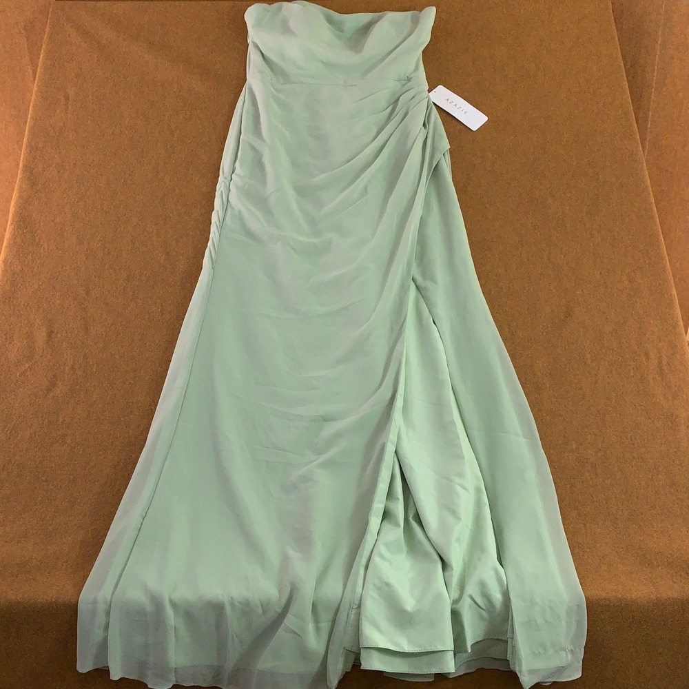 Azazie Womens Size 10 Dusty Sage Leonis Strapless Ruched Maxi Dress NWT *Flaw